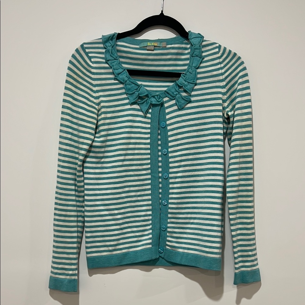 Boden Blue and White Cardigan Sweater with Striped Design